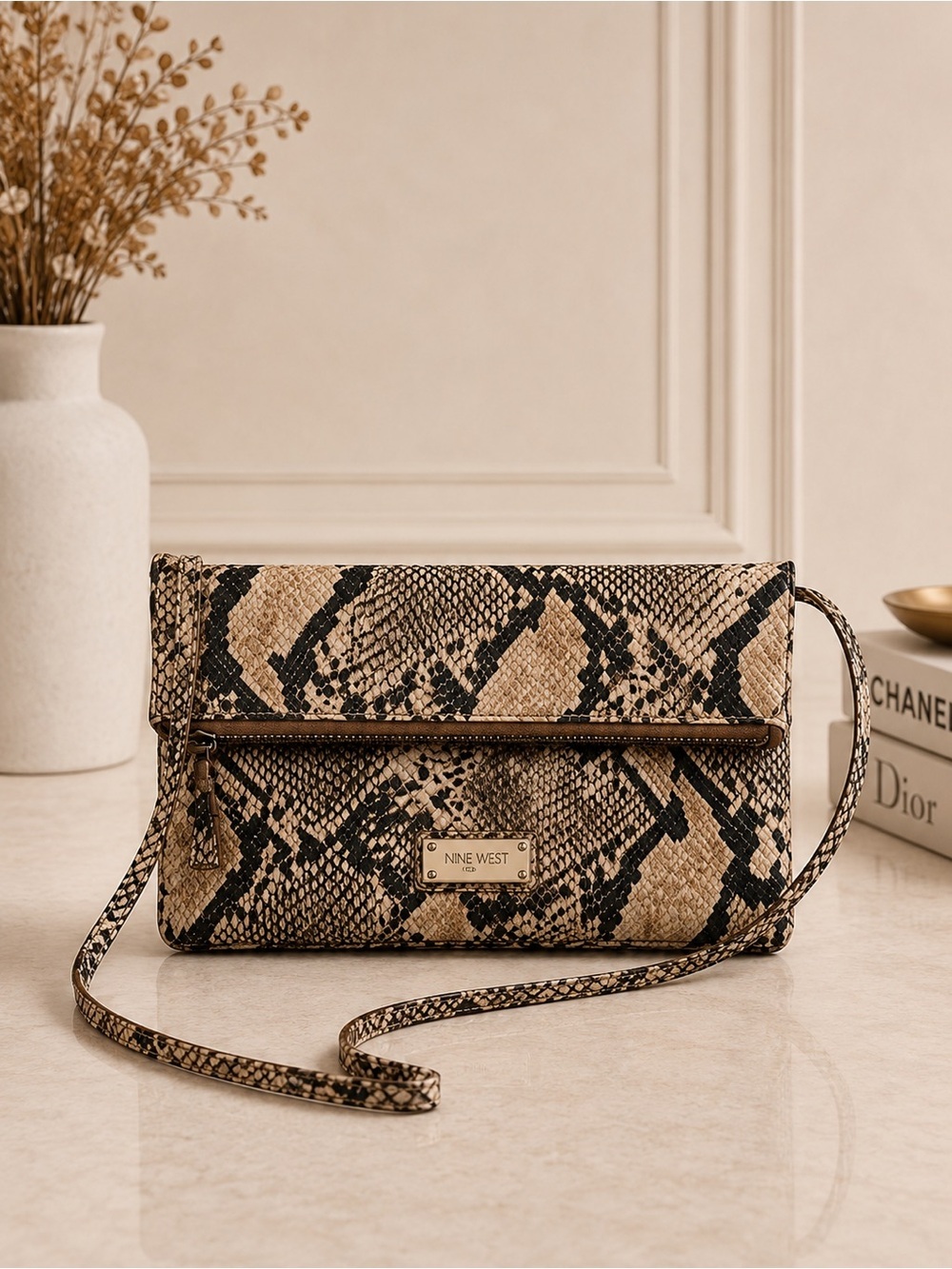 Nine West Python Snake Print Foldover Crossbody Clutch Shoulder Bag Brown